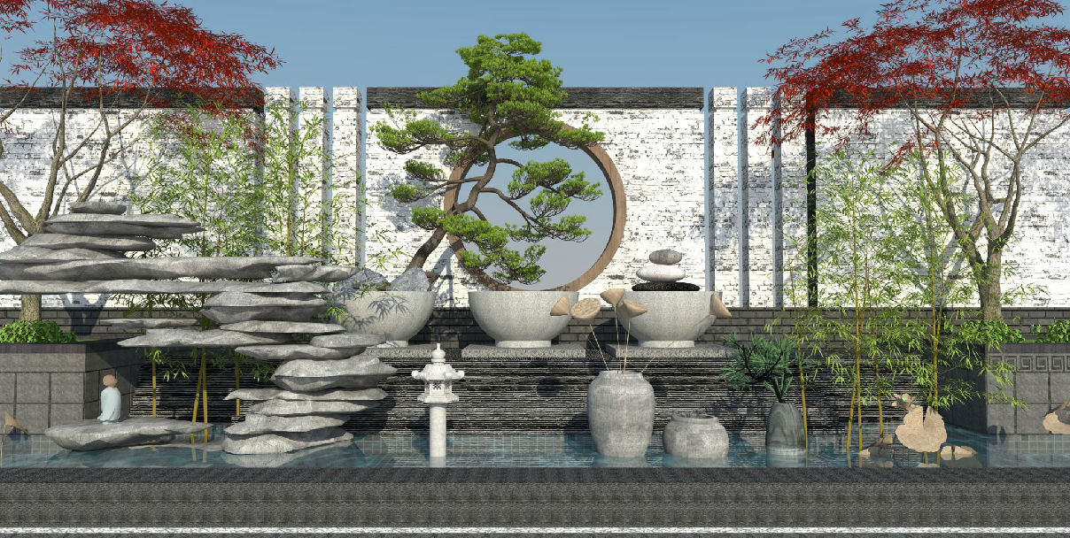 新中式滨水庭院景观 松树景墙围墙 假山石头 园艺小景