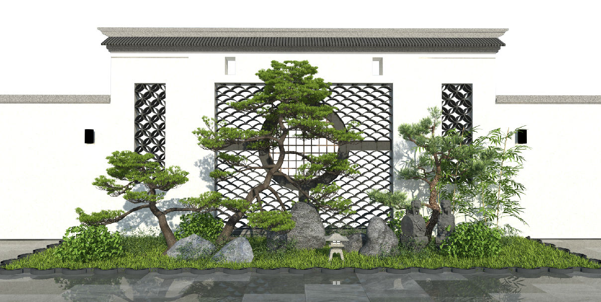 新中式庭院景观 石头松树景观小品 景墙围墙 庭院园艺