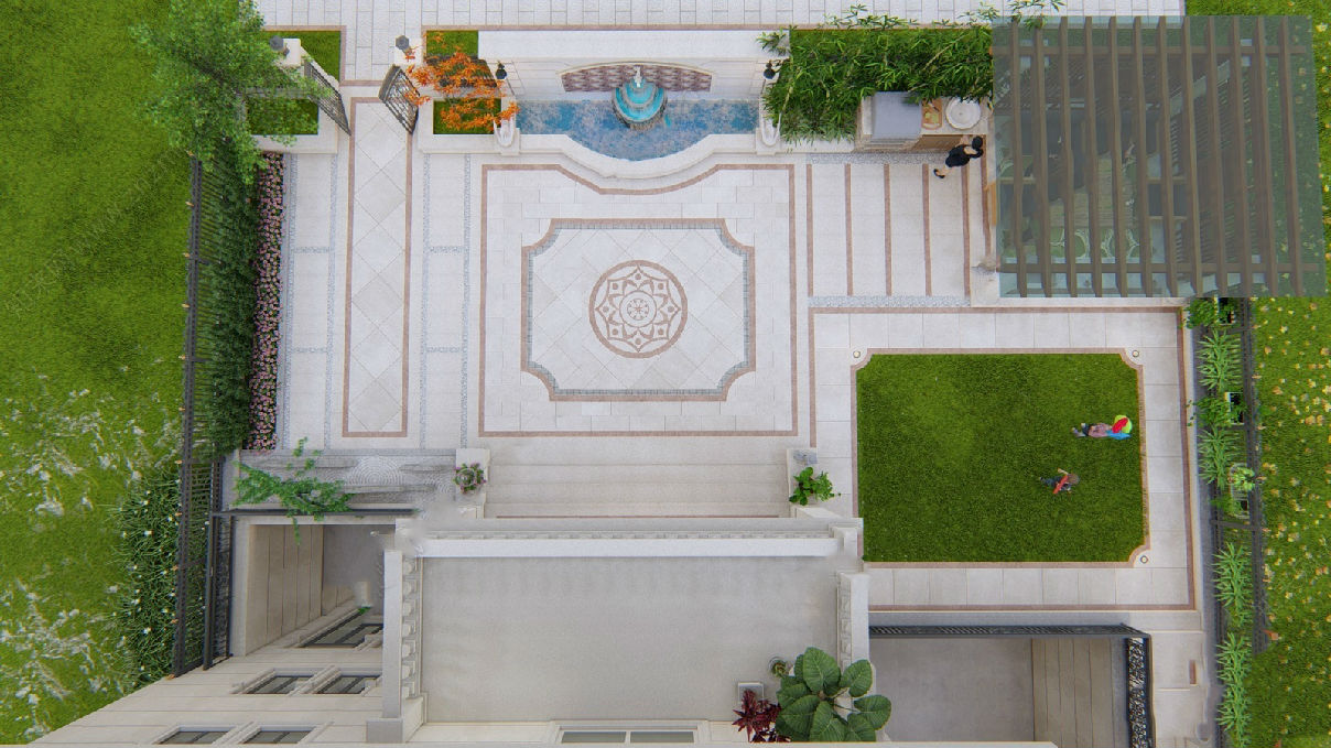 欧式别墅庭院地面铺装水景景墙亭子su模型
