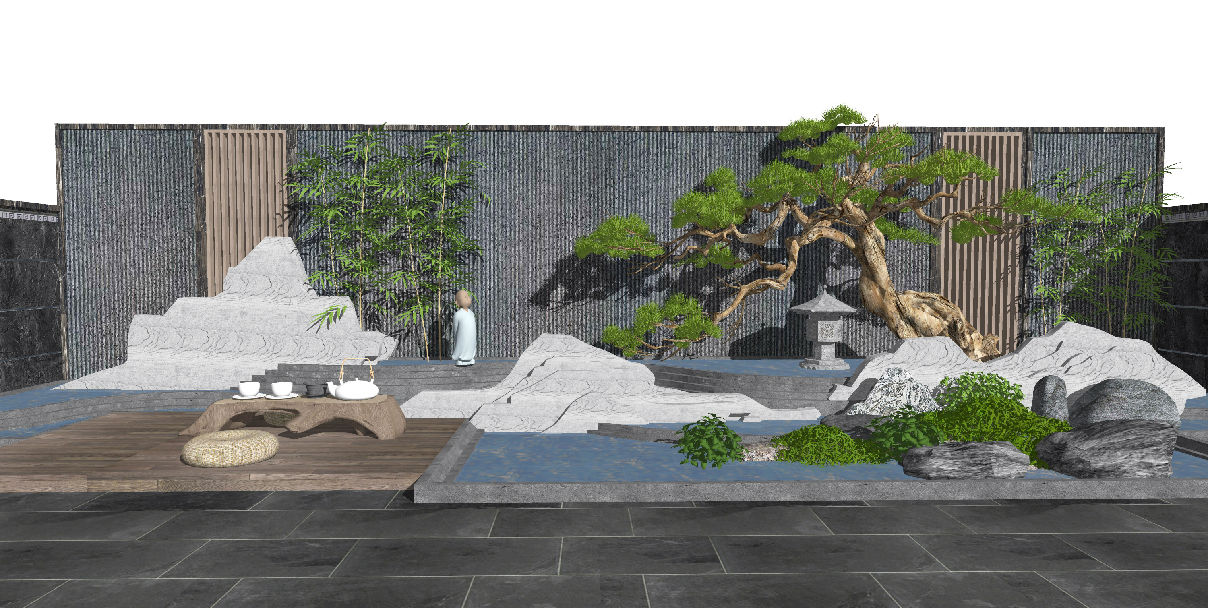 新中式假山水景庭院景观 景墙围墙 迎客松 石头 茶桌茶具 禅意景观