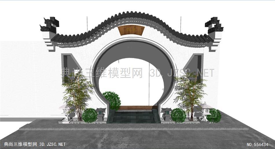 新中式庭院景观徽派建筑马头墙中式月亮门假山石灯su模型