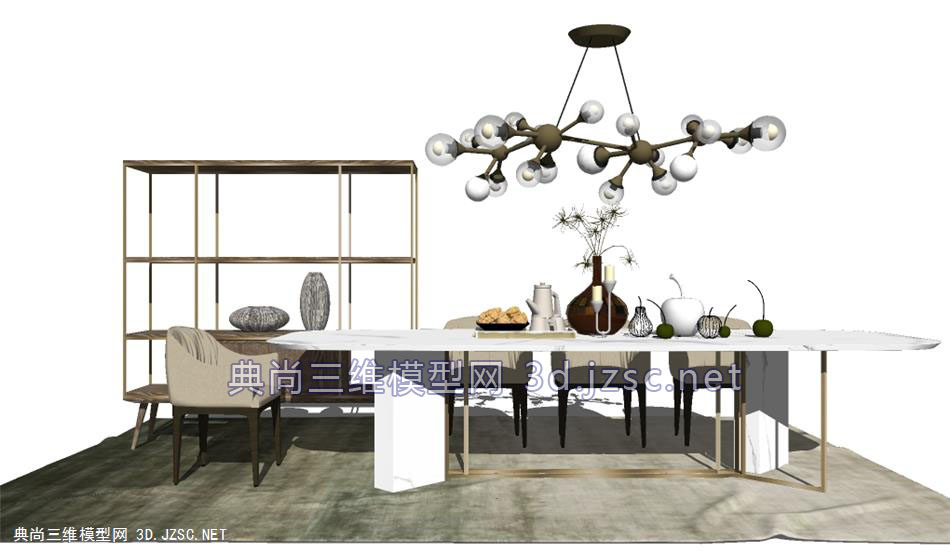轻奢／现代别墅餐厅（餐桌、吊灯、餐椅、饼干、花瓶、架子）