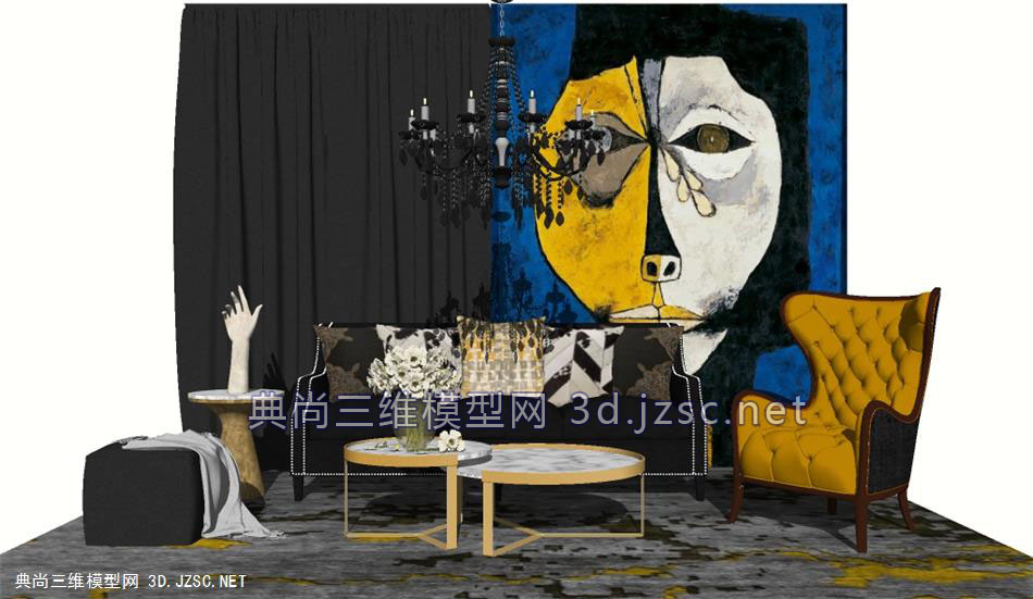 当代美式／艺术装饰客厅（椅子、沙发、茶几、地毯、吊灯）