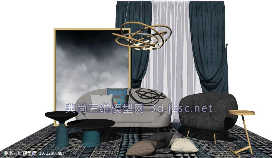 轻奢客厅软装(抱枕、装饰画、茶几、窗帘、装饰画、吊灯、沙发）