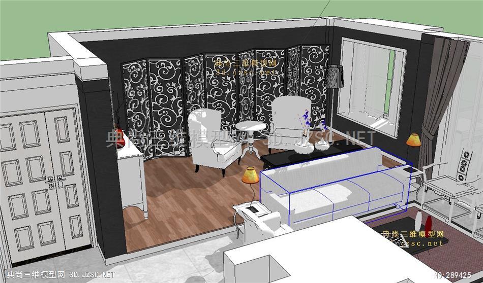 现代中式公寓增福室内装修设计模型 su模型库免费下载su模型库