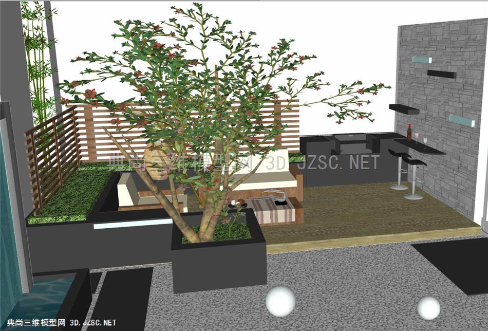 现代新中式精致庭院设计，喷泉水池水景庭院休闲沙发长椅茶几 (3)