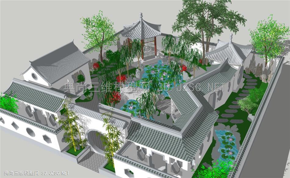 中式古韵庭院整体设计，复古花园公园，荷花池水景，休闲六角凉亭