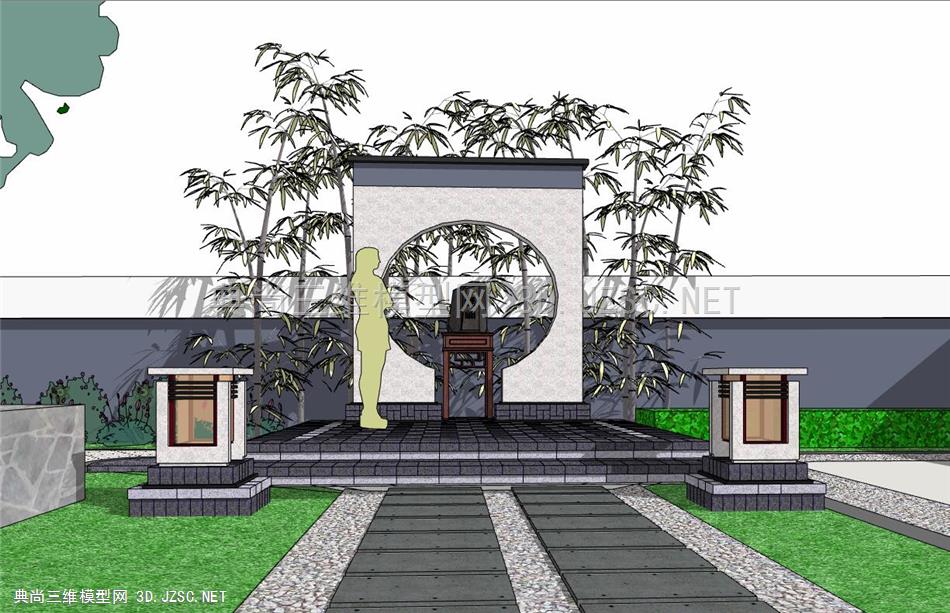 新中式精致庭院设计，木质廊架花架，圆形景门 (1)