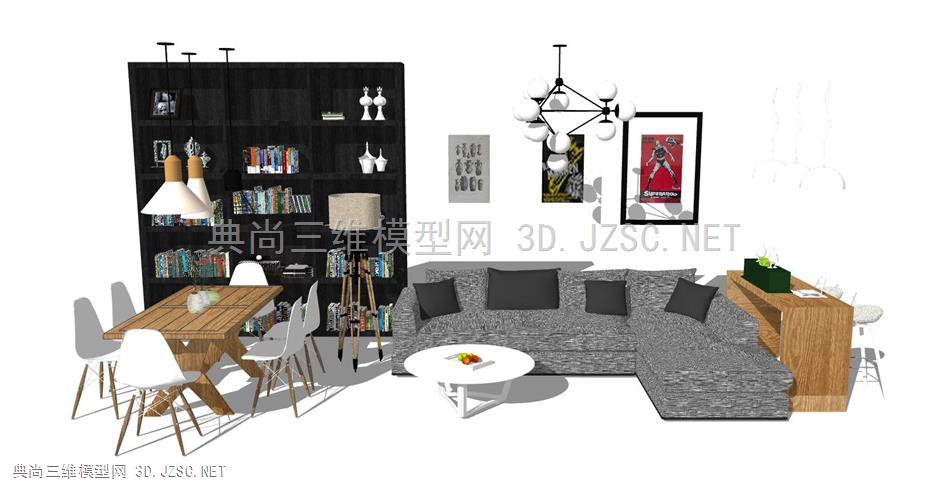 北欧客餐厅家具组合、沙发茶几、餐桌椅、背景墙(5)