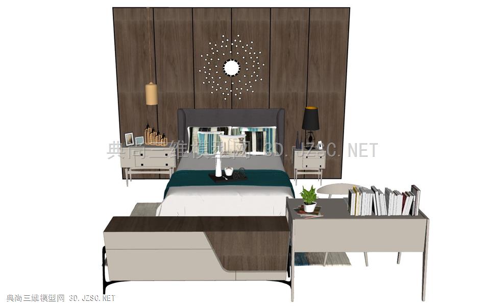 新中式卧室组合、床铺、床头背景(5)