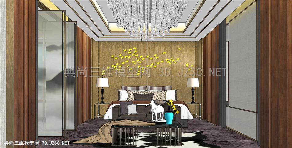 新中式卧室组合、床铺、床头背景(12)