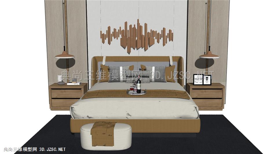 新中式卧室组合、床铺、床头背景(7)