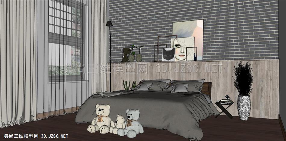 新中式卧室组合、床铺、床头背景(6)