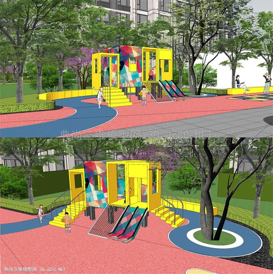 居住区公共空间原创特色趣味box儿童玩乐组合滑梯爬爬网SU模型