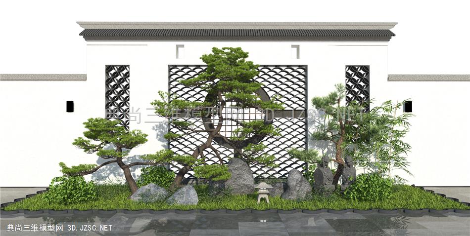 新中式庭院景观 石头松树景观小品 景墙围墙 庭院园艺造景 原创