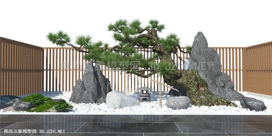 新中式庭院景观 景观小品 石头假山 松树 迎客松 枯山水景观 原创su
