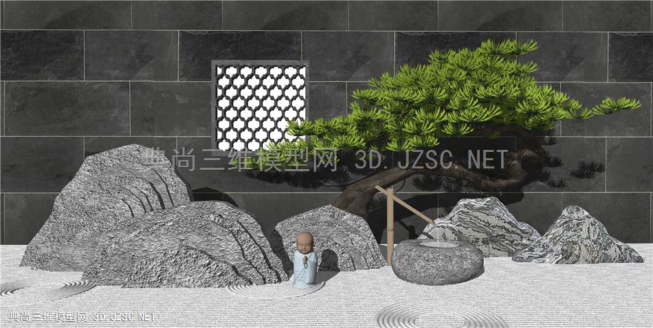 新中式庭院景观 景观小品 迎客松 石头假山 禅意景观 园艺庭院小景 原创