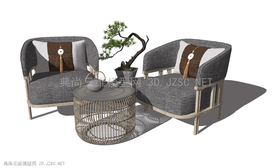 新中式风格单人沙发 禅意休闲沙发 松树植物盆栽 原创