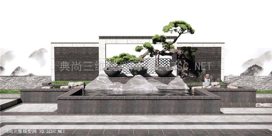 新中式景墙围墙景观 松树水景 售楼处禅意水景 水池喷泉小景 石头假山
