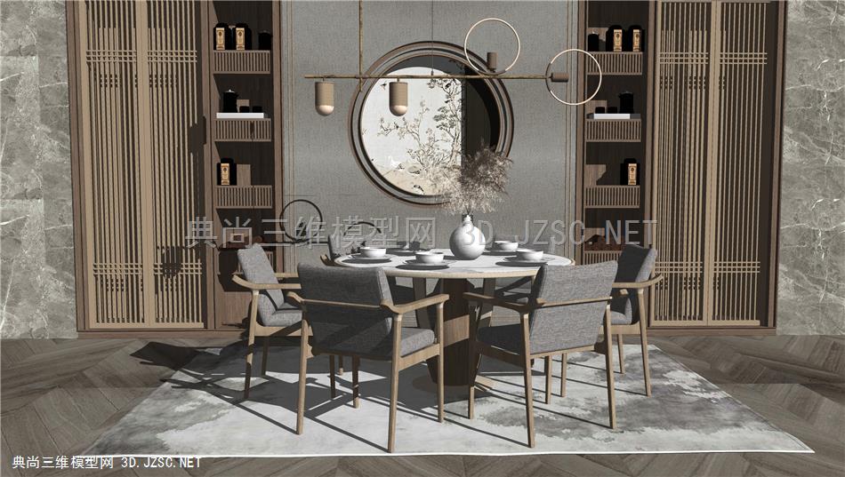 新中式餐桌椅 圆形餐桌 餐厅装饰柜 背景墙 原创
