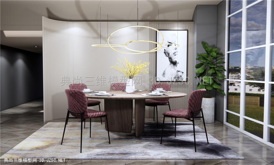 现代餐桌椅组合 轻奢吊灯 休闲椅 室内植物盆栽 原创