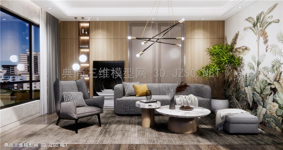 现代简约客厅 多人双人沙发 单人沙发 沙发凳 大理石木质茶几 现代客厅 轻奢吊灯 原创