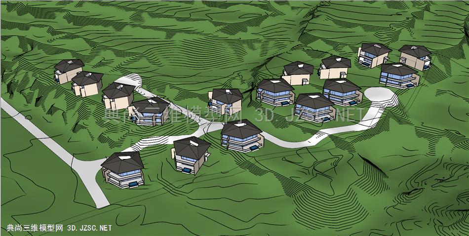 中式温泉区整体模型 温泉度假区建筑SU模型