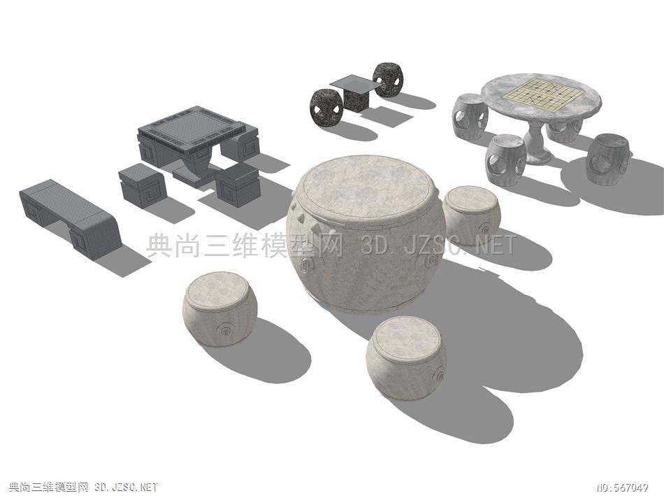 中式石桌 石凳 石台 桌椅 公园坐凳 户外休闲坐凳su模型