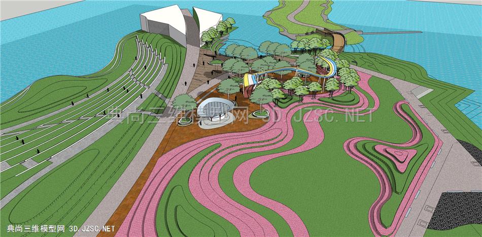 现代地形台阶花海公园景观设计SU模型