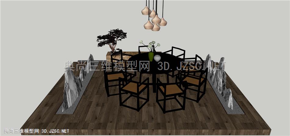 中式风格餐桌吊灯植物假山