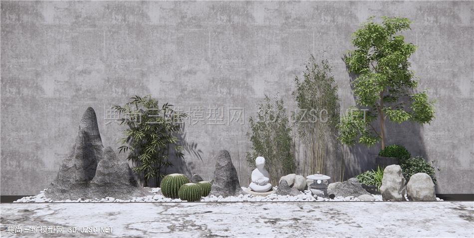 新中式景观小品 石头假山 禅意景观 户外植物 竹子 庭院小景 原创