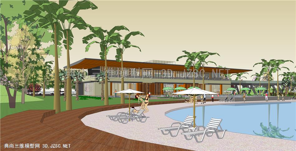 现代度假区游泳池设计SU模型