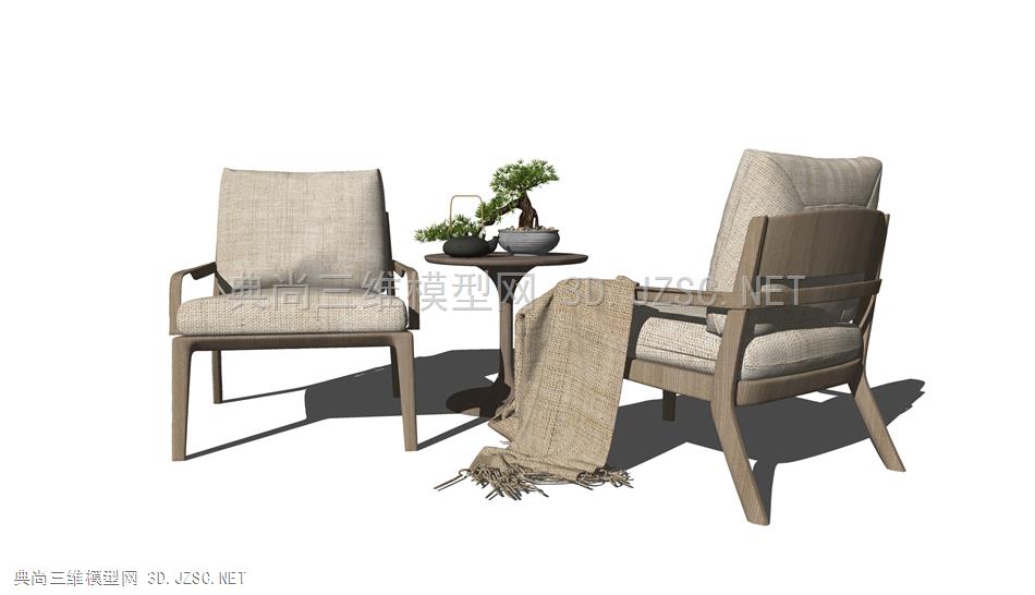 新中式单人沙发 休闲椅 茶几 松树盆栽 原创
