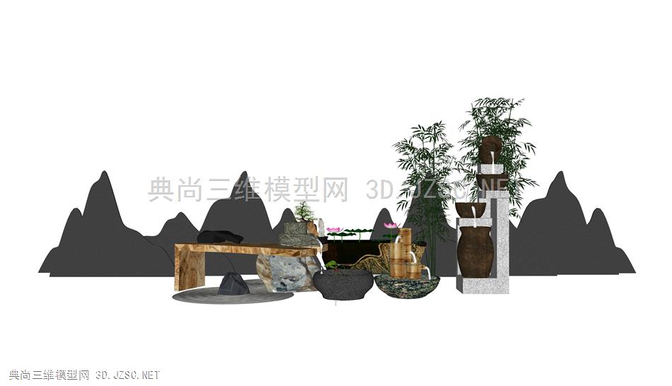 新中式庭院景观 景观小品 盆栽 鹅卵石 枯山水 石头 荷花 su模型