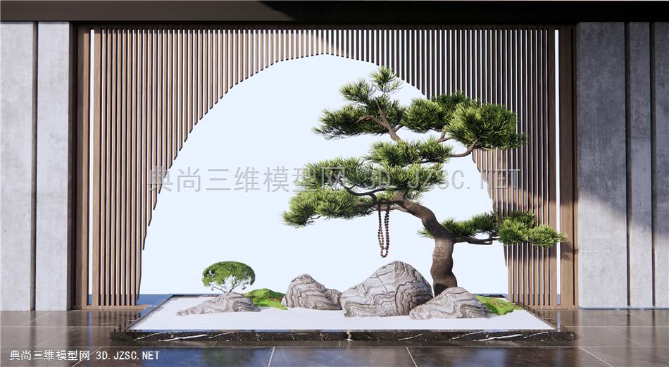 新中式景墙围墙 景观小品 假山石头 庭院景观 松树景观树 原创
