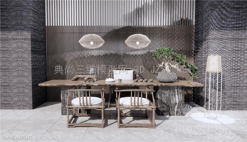 新中式茶室 茶桌茶椅 茶具 松树盆景 新中式吊灯 落地灯 原创