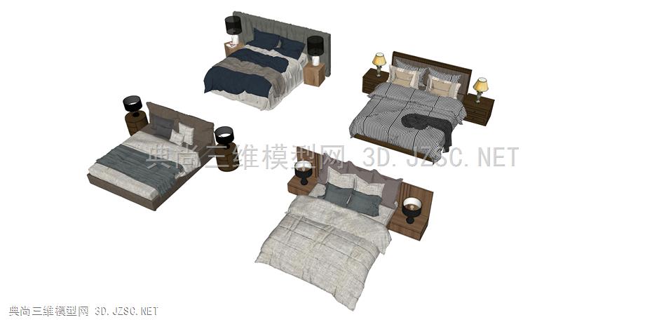  现代风格双人床 单人床 床组合 枕头 床单 被子 台灯 床头柜 床组合005