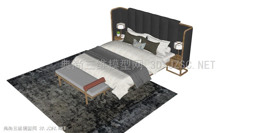 现代风格双人床 床组合 枕头 床单 被子 台灯 床头柜 12床组合