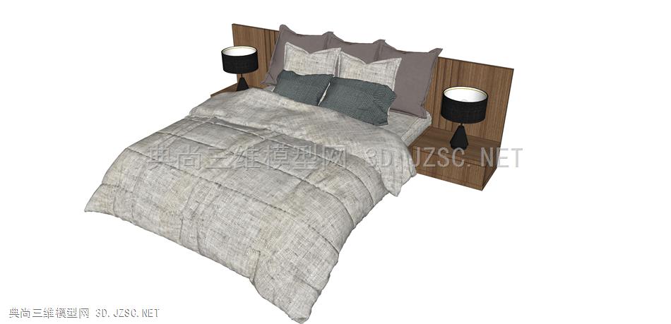 现代风格双人床 单人床 床组合 枕头 床单 被子 台灯 床头柜 床组合003