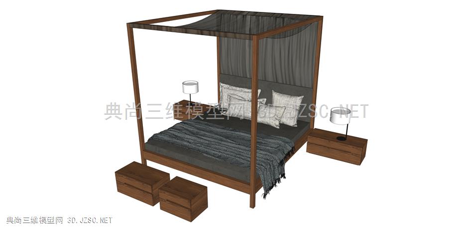 东南亚风格双人床 床组合 枕头 床单 被子 台灯 床头柜 床组合006