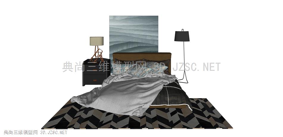 卧室床组合1 现代风格双人床 单人床 床组合 枕头 床单 被子 台灯 床头柜