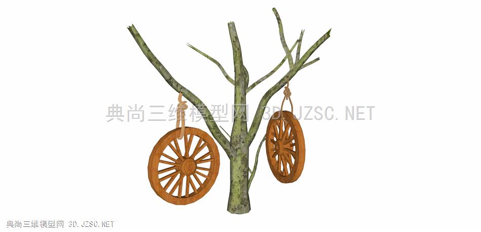 民俗农具景观小品28 树木 树干 树枝 车轮 木车轮 马车轮