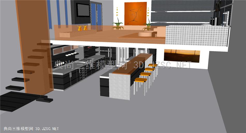 室内类-复式开放式厨房吧台-su模型下载