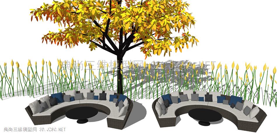 户外沙发 (29) 户外座椅SU模型 室外桌椅组合 现代户外庭院桌椅 餐厅沙发 桌椅组合 半圆沙发 椭圆沙发 树木 花