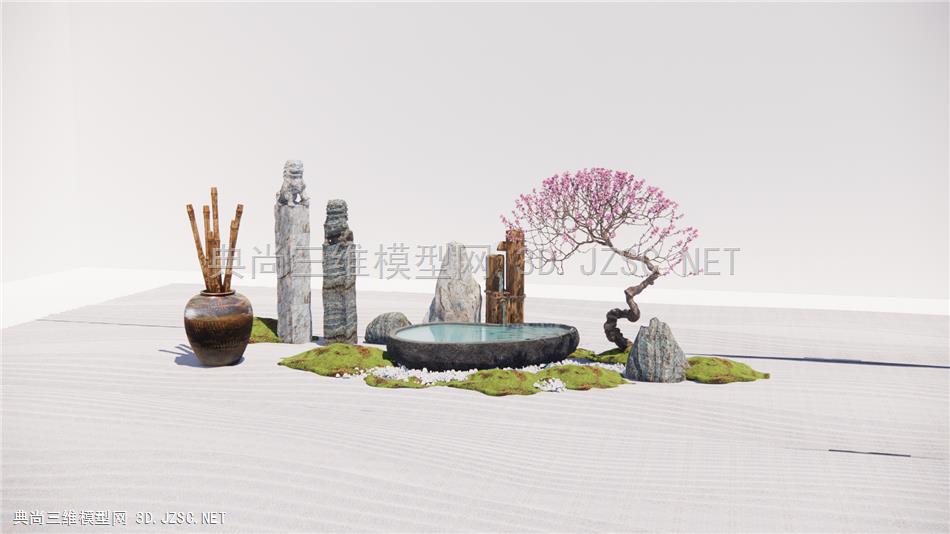 新中式 日式庭院景观小品流水景观3d树卵石陶罐