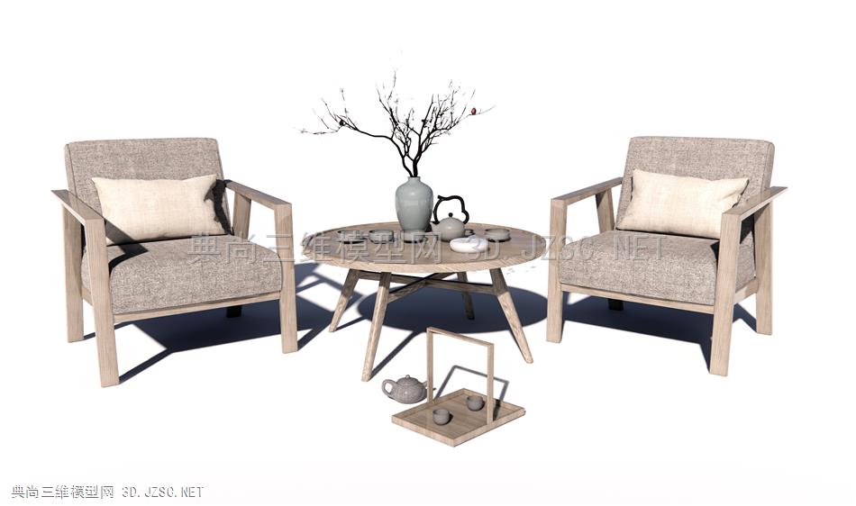 新中式休闲椅 圆形茶几 单人沙发 原创