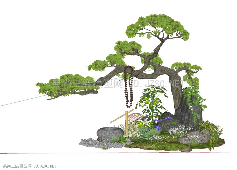 新中式景观小品景观树 树木 树 石头植物su模型 