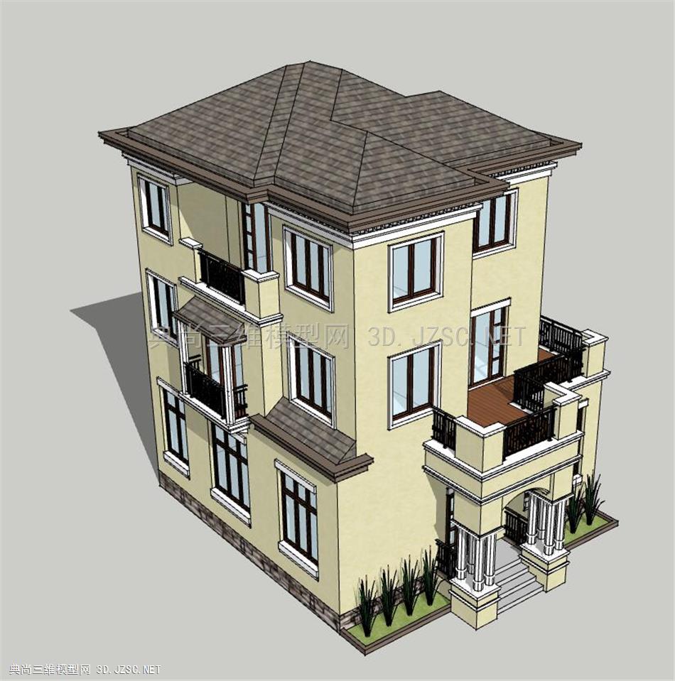 三层独栋别墅建筑设计CAD图纸+SU模型素材源文件