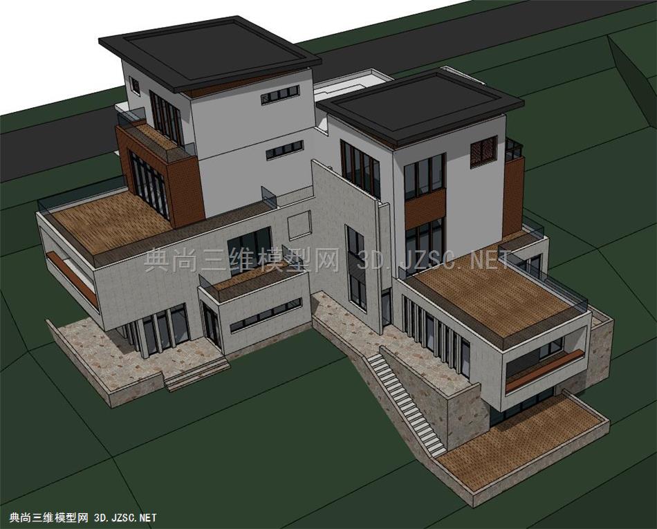 五层600平方米独栋别墅坡地建筑CAD图纸+SU模型素材源文件