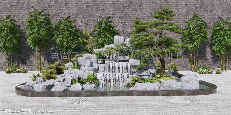 新中式假山水景 假山跌水石头水景 竹子植物 松树 原创